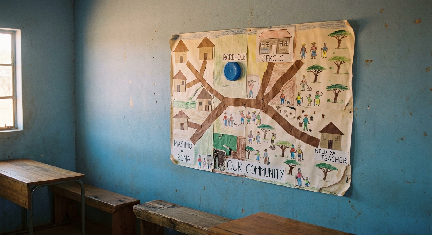 A class collage map of the local farm community made from cut-paper