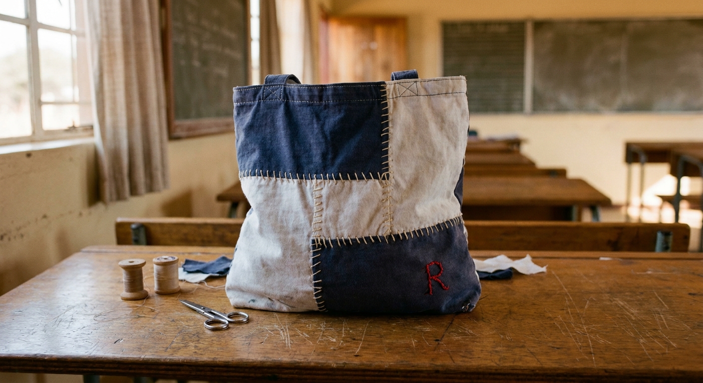 A hand-stitched fabric bag made of recycled school T-shirts