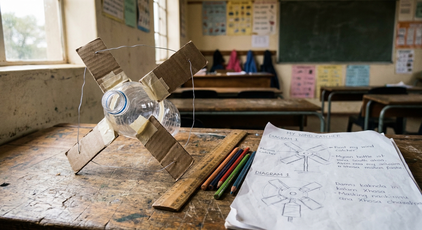 A small cardboard wind catcher prototype on a workbench