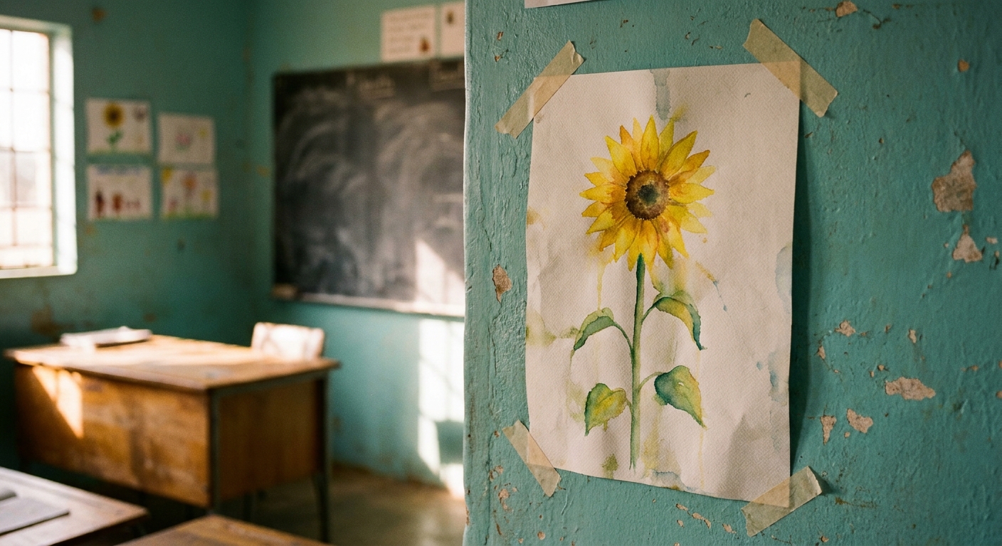 A bright watercolour of a sunflower against the school wall